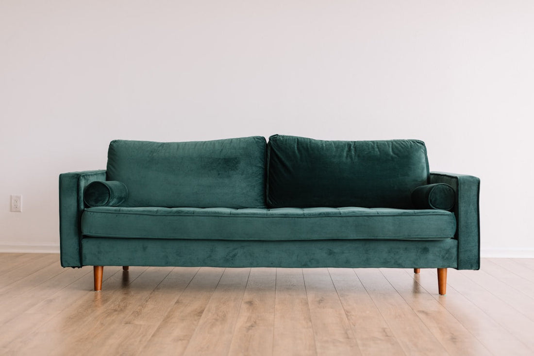 Cozy small apartment living room with sofa, plants and warm lighting